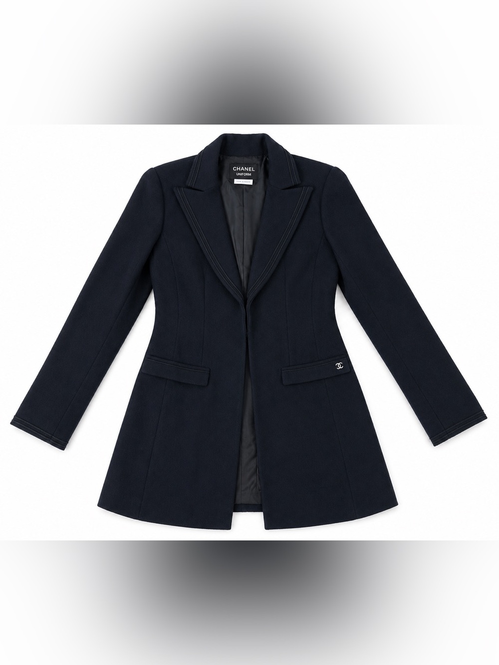 CHANEL Uniform Black Wool Blend Blazer Jacket France CC Logo Size 36 US 4